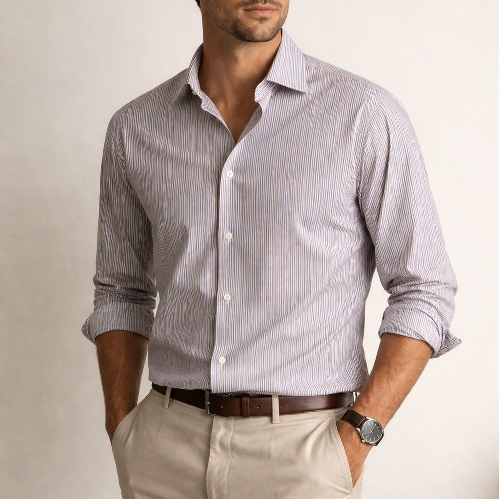 Bugatchi OoohCotton Tech Stripe Button Down Shirt Men’s L Blue Mocha Stretch
